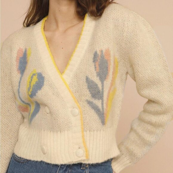 Rouje Leandro Tulip Ecru Double Breasted Cardigan with Puff Sleeves - Picture 1 of 4